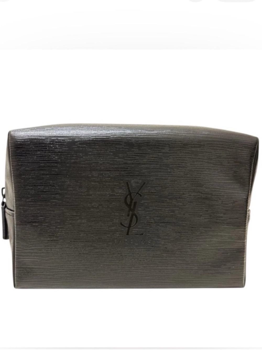Saint Laurent Black Textured
Leather Toiletry Pouch with Embossed YSL